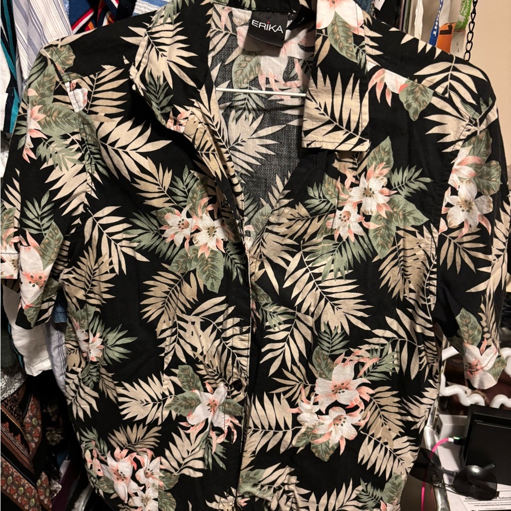 Erika Black Shirt with Cream Palm Leaves and Pink Floral Accents